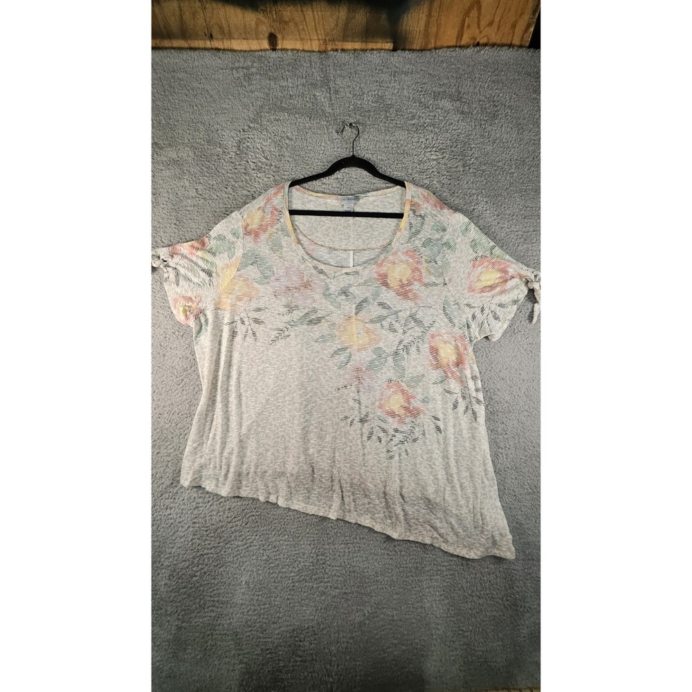 Catherines Top Womens 3X Floral Tie Sleeve Sheer Asymmetrical Hem Scoop Neck